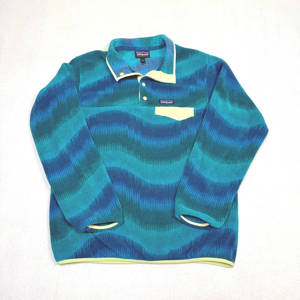 Patagonia Synchilla Snap-T Fleece Pullover Teal Blue Wave Print Womens Large